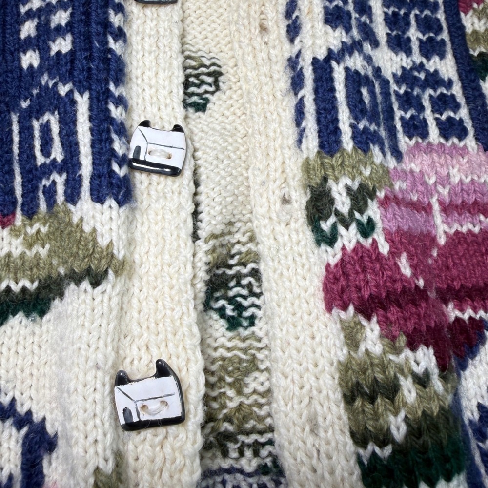 South Wool Cottage AOP Wool Knit Cardigan House Floral Small Cream Blue Pink 80s - Picture 4 of 7